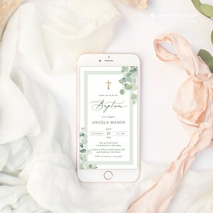 May include: A green and white digital invitation with a gold cross and the text "Please join us for the Baptism of our daughter Angela Mason, Saturday, July 21, 2018 at 1PM.  Sali and Sand Church, Richmond Ave, York, Maine. Brunch to follow at Sand Country Club, 4179 Sandal Ave, York, Maine. RSVP to Lauren 123-456-7890."