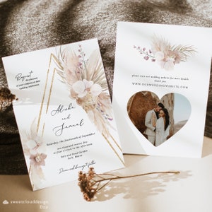 Invitación de boda boho Invitación de boda tropical en la playa Plantilla de invitación de hierba de la pampa Invitación de hoja de palma Invitivación boho PAMELA
