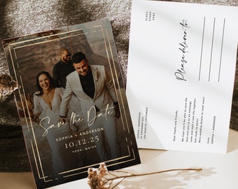 May include: Wedding save-the-date postcard with a photo of a couple. The front features gold text that reads "Save the Date" and the date "10.12.25". The back has lines for the address and a message.
