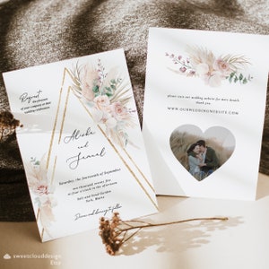 Faire-part de mariage rose bohème Faire-part de mariage tropical sur la plage, Faire-part pampa, Faire-part de feuille de palmier, Arche de mariage floral Boho blush