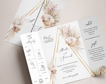 Gatefold ORCHID Wedding Invitation boho gold Invitation Pampas grass template Palm Leaf Printable Invitation Bohemian Modern gate fold