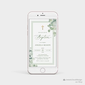 May include: A green and white digital invitation for a baptism. The invitation features a cross, a watercolor floral design, and the text "Please join us for the Baptism of our daughter Angela Mason, Saturday, July 21, 2028 at 1 PM. Salt and Sand Church, Richmond Ave, York, Maine. Brunch to follow at Sand Country Club, 4578 Sandal Ave, York, Maine. RSVP to Lauren 110-234-5678."
