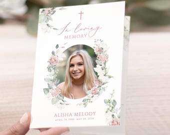 Dusty Pink floral cross Funeral Program Booklet Blush flower funeral Ceremony program Foldable funeral Program Printable funeral program