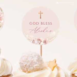 Cupcake Topper Printable Tag BOHO Blush Baptism Round Cake Topper Girl ...
