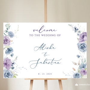 Dusty blue and purple Welcome Wedding Sign Template  DUSTY Purple wedding sign Violet flowerWelcome Sign Printable Wedding Sign welcome
