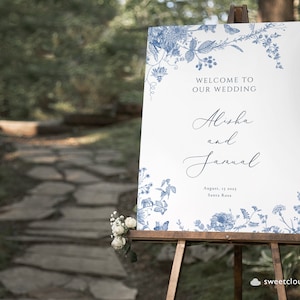 Dusty blue floral Wedding welcome sign blue flower Welcome Wedding Sign Template Vertical steel blue flower welcome Sign vintage flower sign