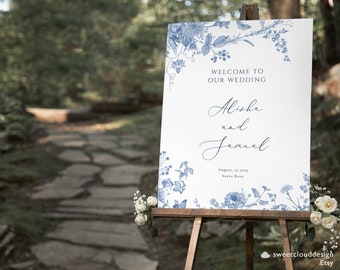 Dusty blue floral Wedding welcome sign blue flower Welcome Wedding Sign Template Vertical steel blue flower welcome Sign vintage flower sign