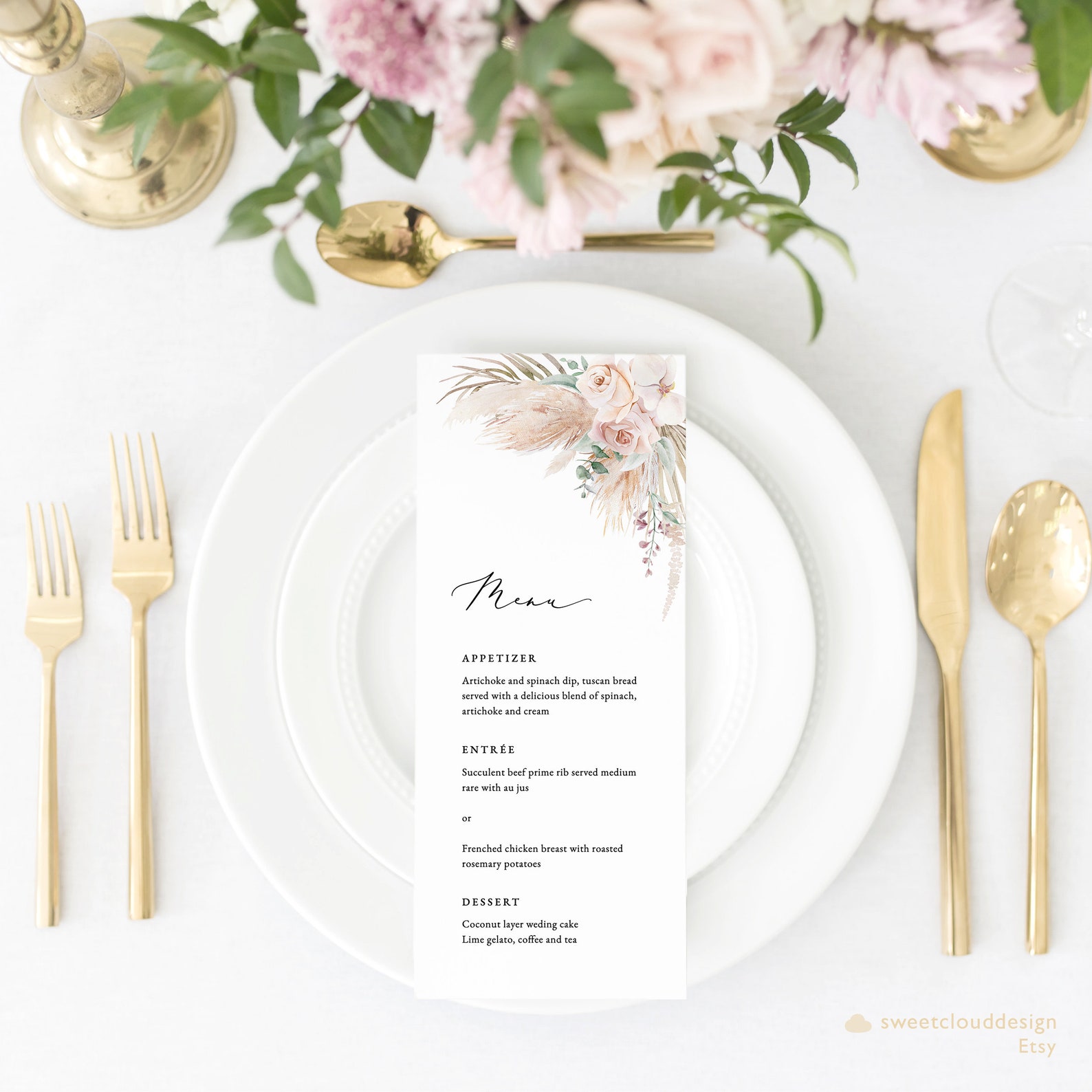 BOHO Wedding Menu Template Orchid Wedding Menu Printable Pampas Grass ...