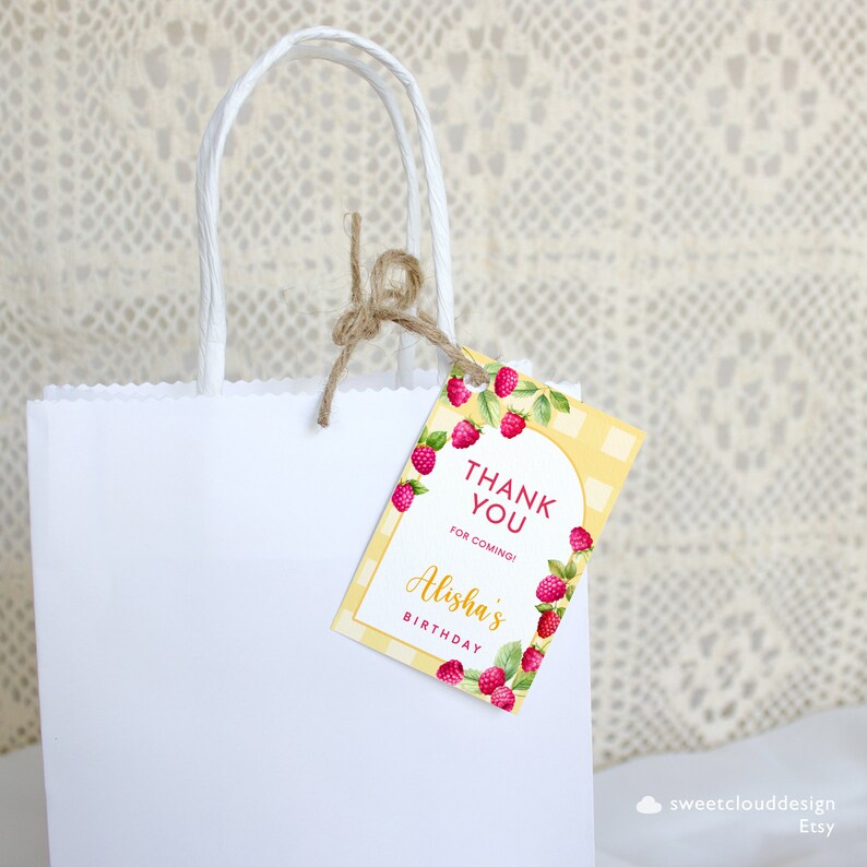 Raspberry Name Tag Pink Raspberry Birthday Favor Tag Thank You Tag Pink and Yellow Tag ...