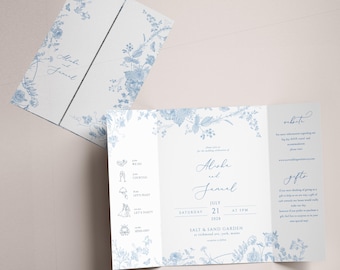 Gatefold baby blue Wedding Invitation Dusty baby blue flower Gatefold Invitation vintage blue flower gate fold template Printable Invitation