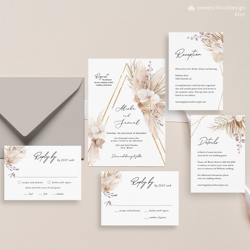 Boho Wedding Invitation beach tropical wedding Invitation Pampas grass invitation template Palm Leaf Invitation Bohemian Invitivation PAMELA image 2