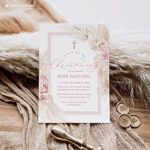 BOHO blush Taufe Einladung Vorlage Mädchen Blush floral Printable Tauf lädt Heilige Kommunion einladen Baby Mädchen Kommunion Kreuz