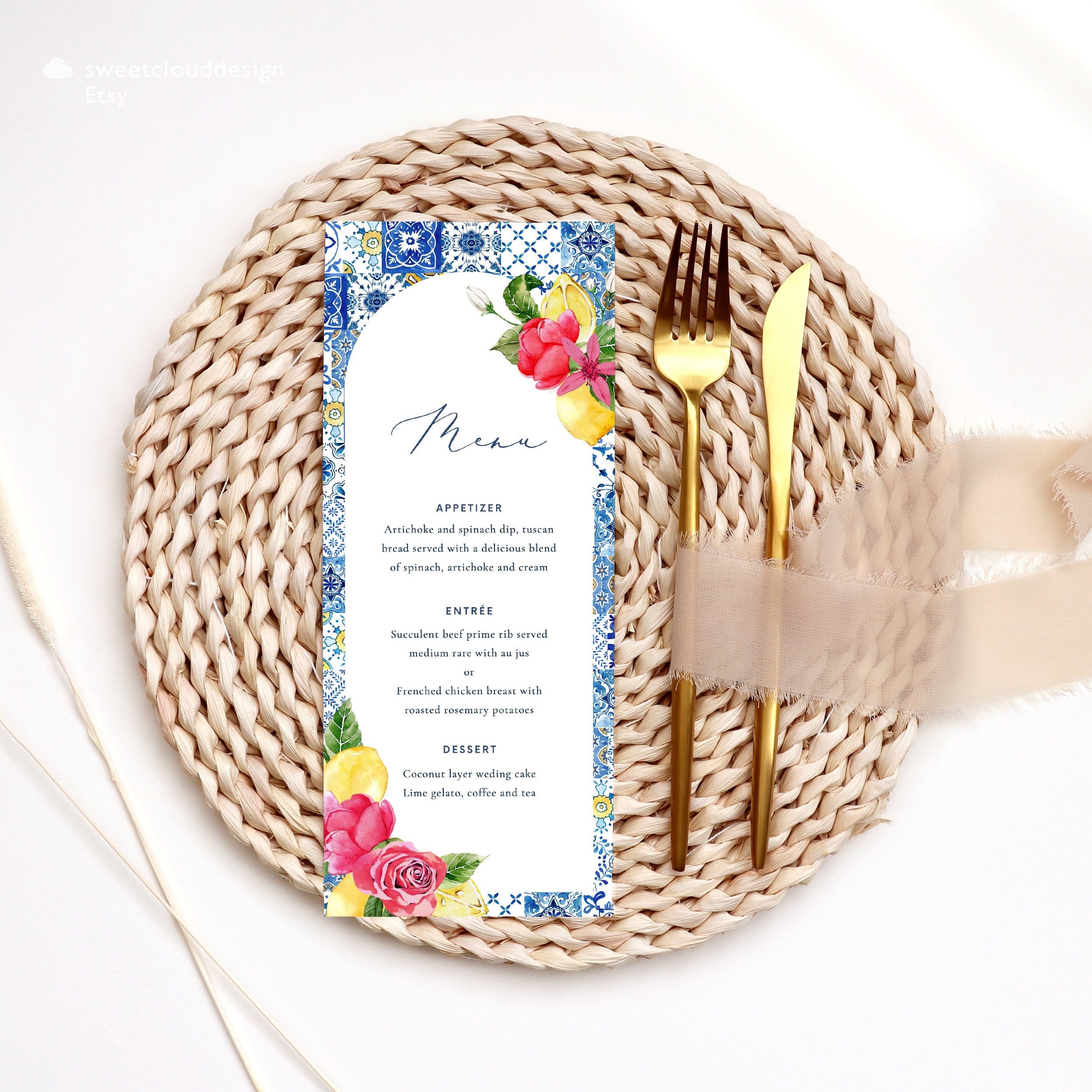 Lemon and Pink Rose Menu Template Blue Tile and Pink Floral Menu Bridal ...