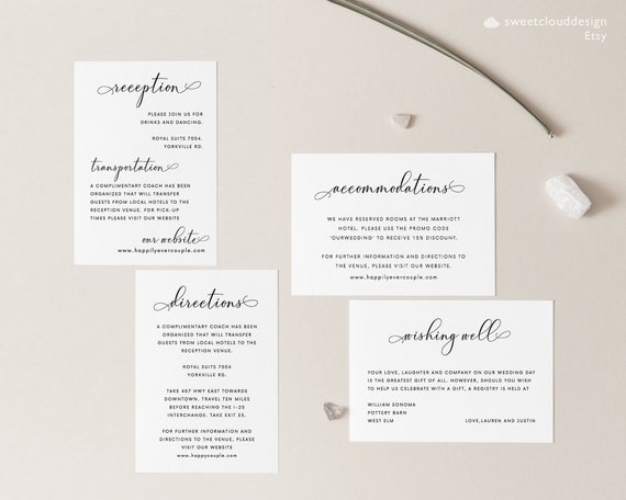 Wedding Details info Card 4 Set Wedding Info Card Template Printable Accommodations Card Info Card Instant Download  Invitation insert Card