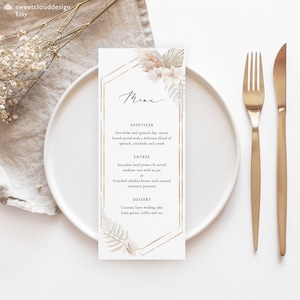 Szablon menu weselnego BOHO Menu orchidei do druku Złote edytowalne menu Natychmiastowe pobieranie Karty menu kolacji Edytowalne menu weselne pampas pandora