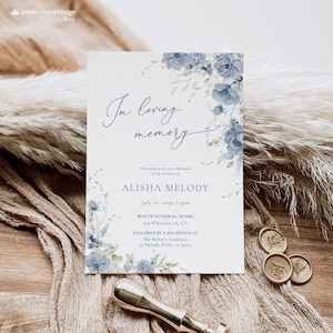 Fleur bleue poussiéreuse Invitation funéraire rose bleue Célébration funéraire de la vie invitation modifiable modèle d'invitation de carte funéraire fleur bleue