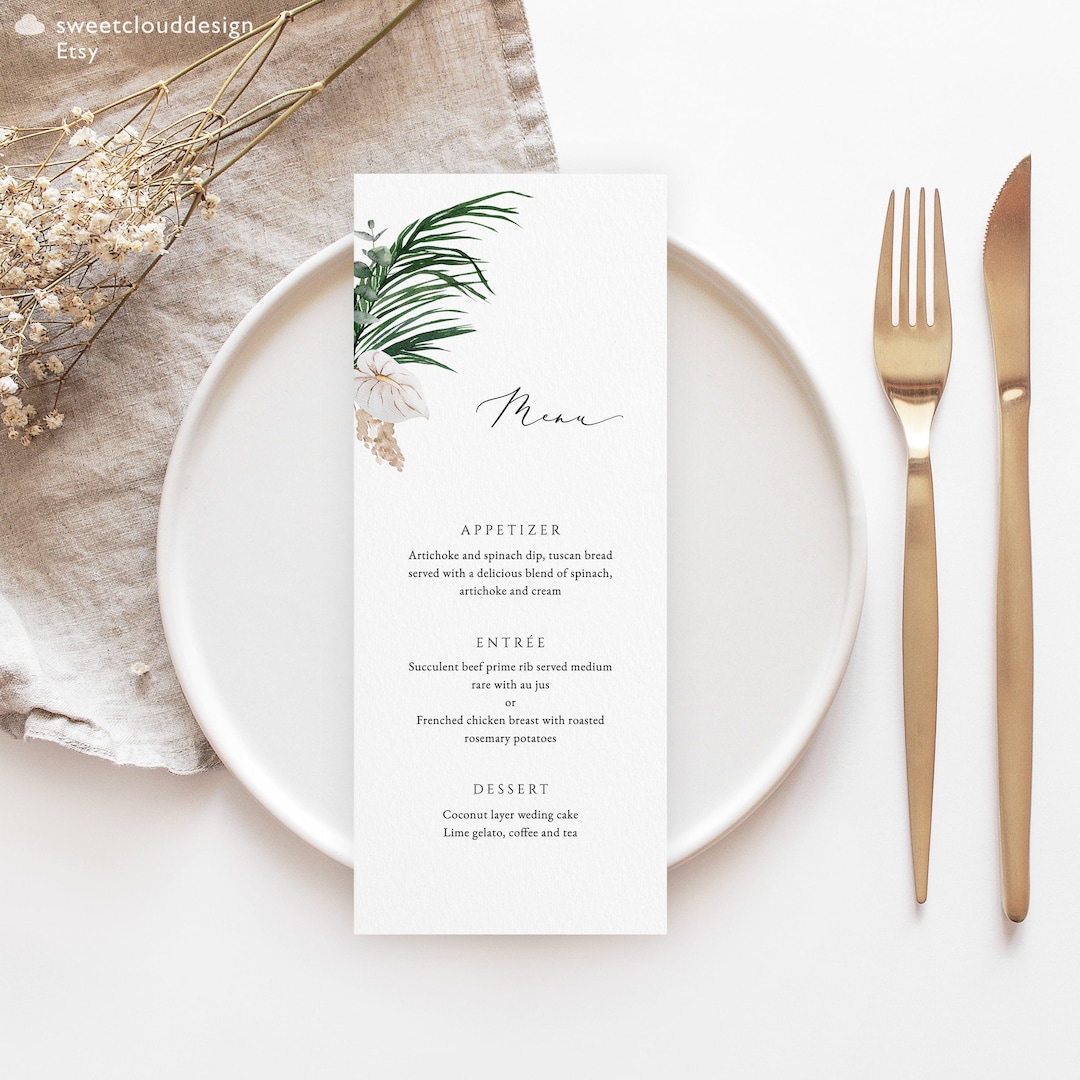 Boho Wedding Menu Tropical Menu Palm Leaf Menu Editable Bohemian Menu ...