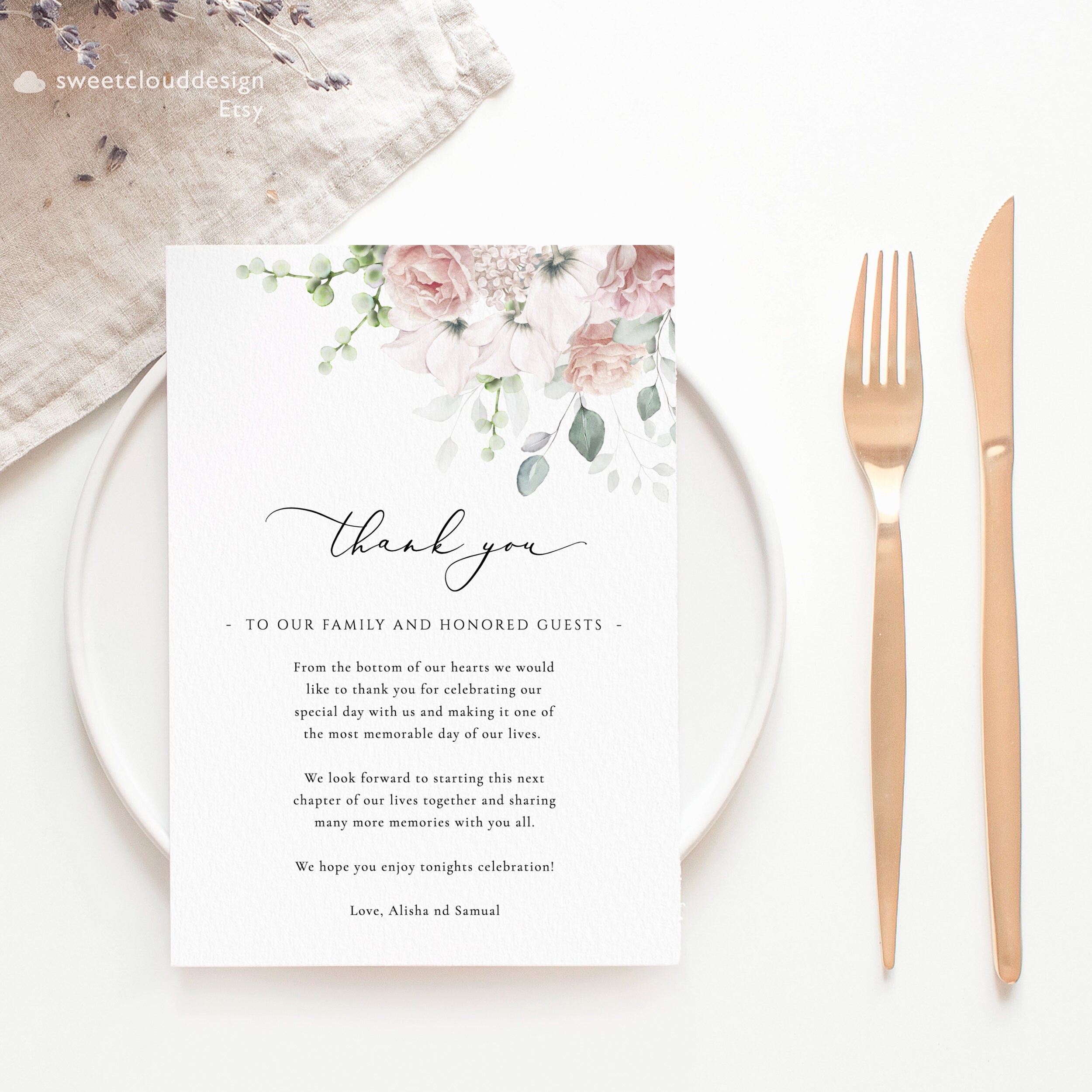 Dusty Pink Floral Thank You Dusk Pink Wedding Thank You Card Editable ...