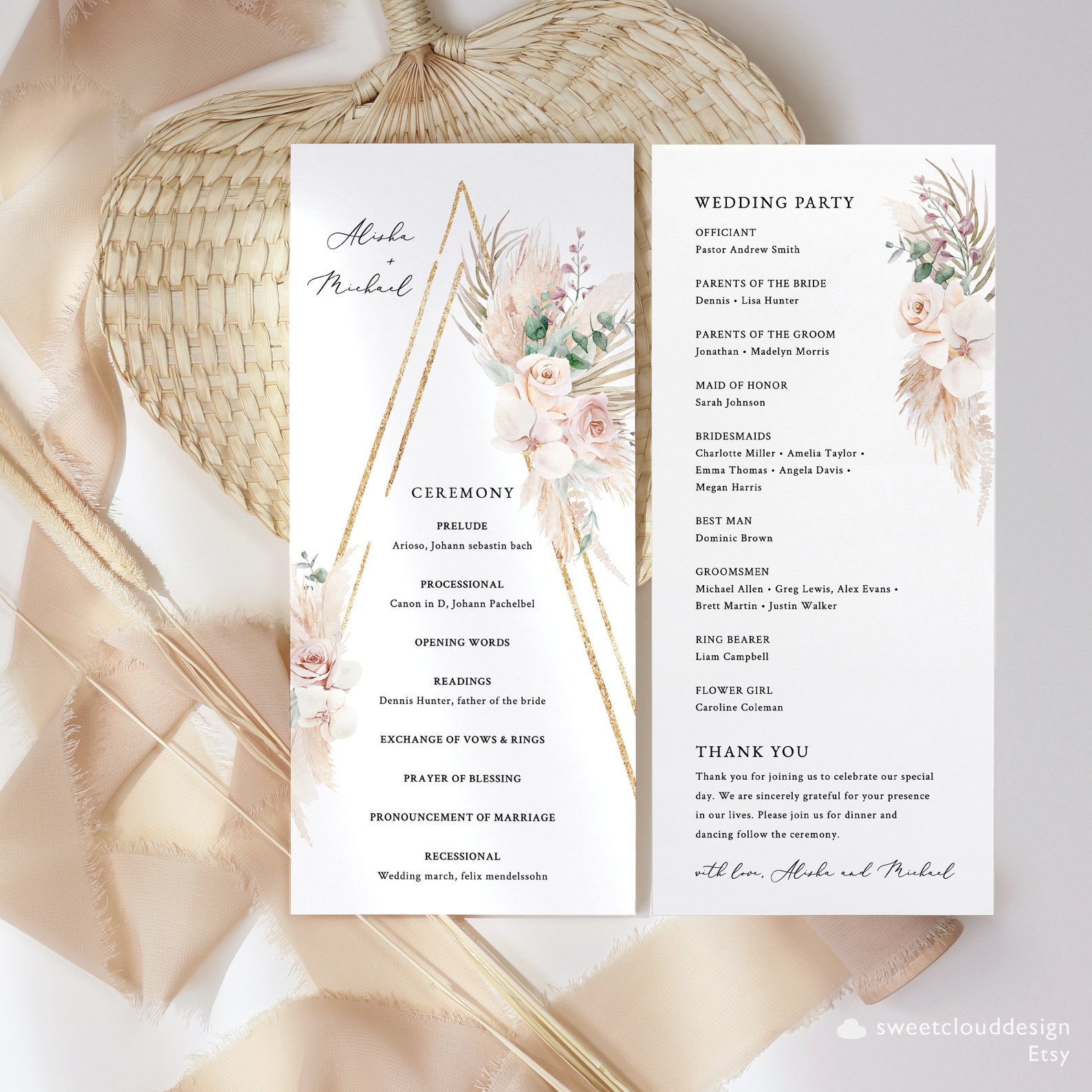 Rose Eucalyptus Wedding Program Template Orchid Gold Program - Etsy