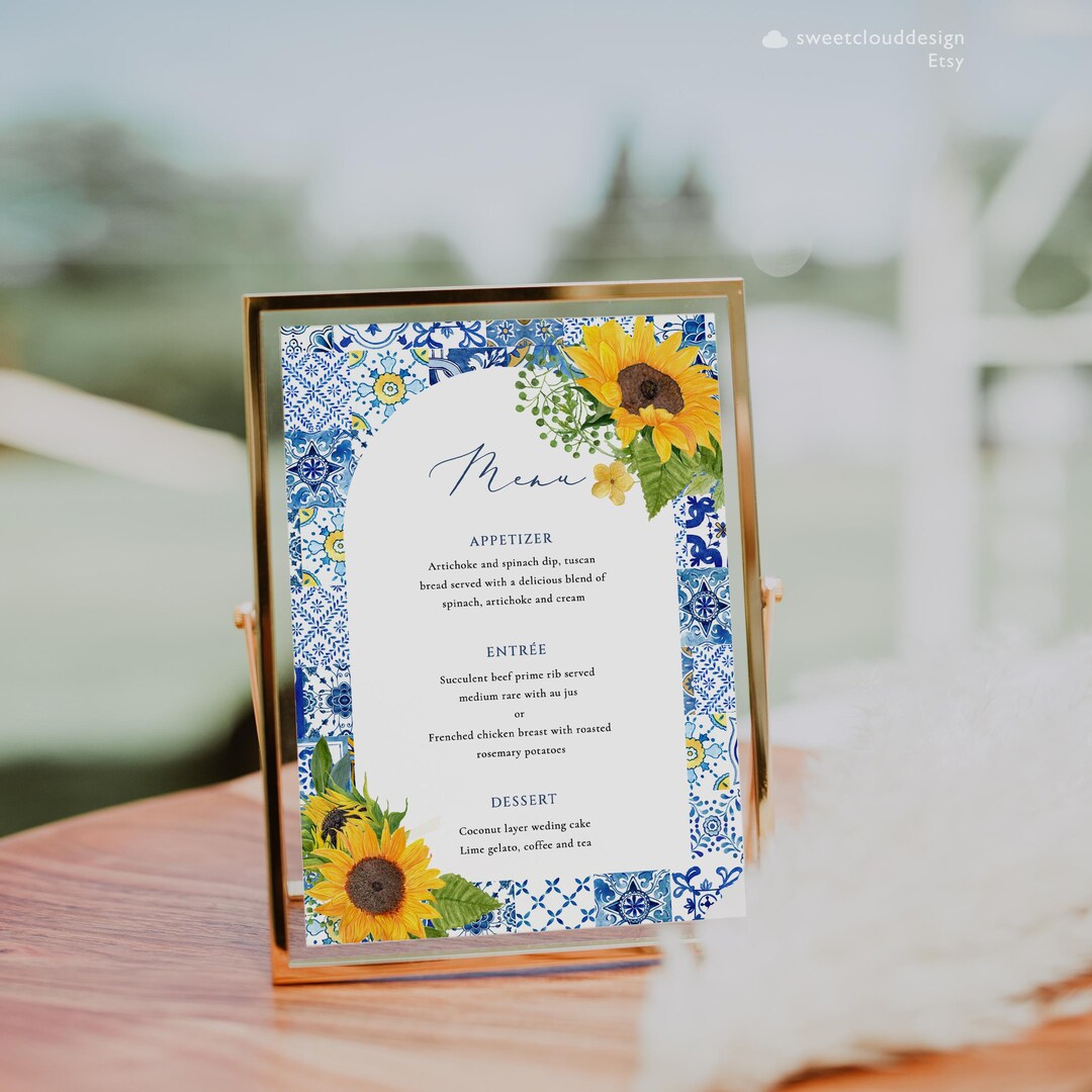 Sunflower and Blue Tile Menu Template Italy Blue Tile Frame Table Menu ...