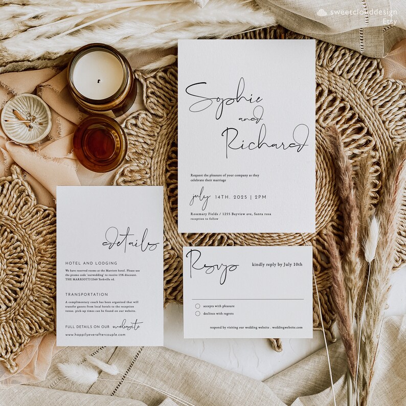 May include: Wedding invitation suite with a white background and black calligraphy text. The invitation card features the names "Sophie and Richard" and the date "July 14th, 2025 | 2PM". The RSVP card has the text "Royo" and a space for guests to indicate their response.