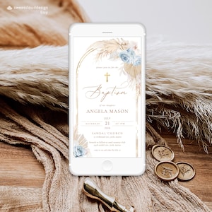 BOHO blau Taufe digitale Einladung Pampas Gras blau Rose Taufe Telefon einladen Vorlage Tauftext einladen Telefon einladen