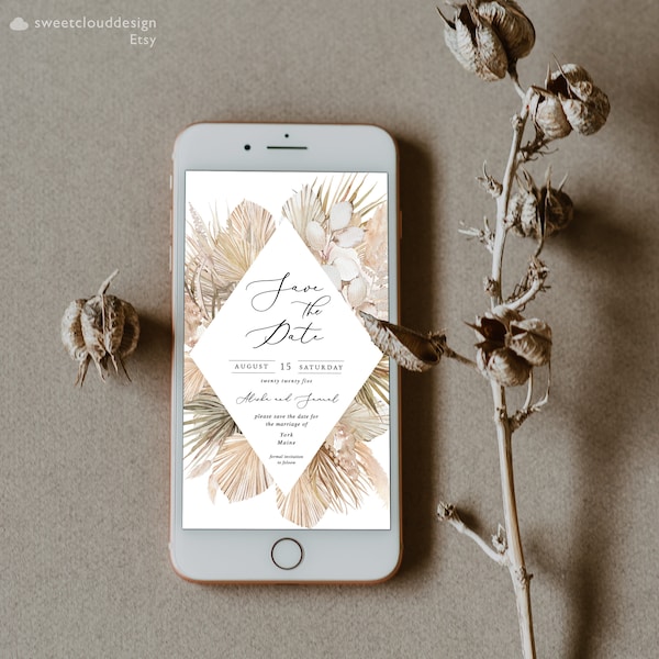 digital Boho pampas grass save the date Text electronic boho frame save the date card  boho digital wedding date save card palm leaf card