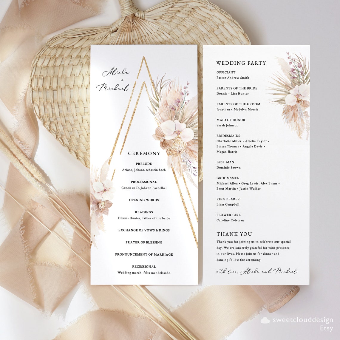 Gold Boho Wedding Program Template Orchid Bohemian Program Pampas Grass ...