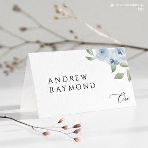 Dusty blue Wedding Place Cards Template steel blue Editable Place Card Greenery Place Card Editable Wedding table name Card Printable Nova