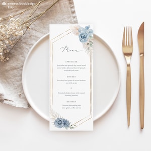 Stoffige blauwe bruiloft menusjabloon Staalblauw menu Afdrukbaar Goud boho Bewerkbaar menu Download goud en blauw dinermenukaarten Pamblue