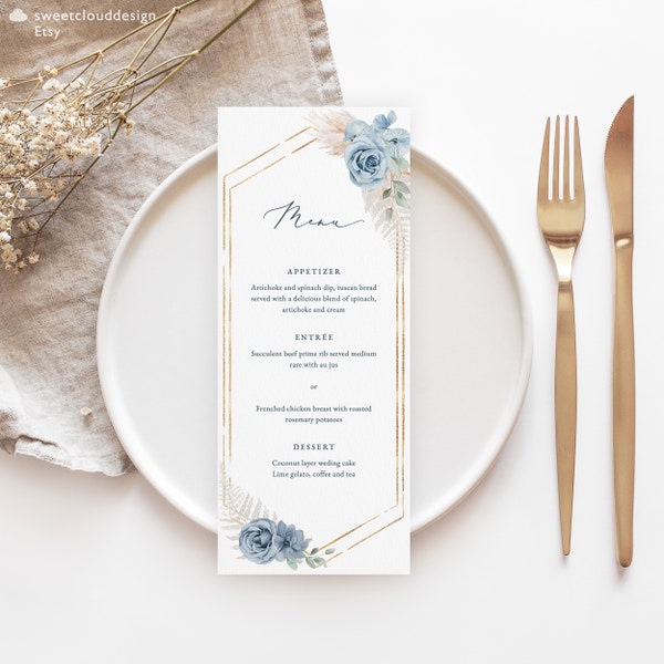 Dusty Blue Wedding Menu Template Steel Blue Menu Printable Gold boho Editable Menu Download Gold and Blue Dinner Menu Cards Pamblue