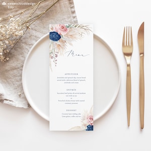 Navy pink Wedding Menu Template dark blue pink wedding Menu Printable Blush rose floral menu Editable winter Menu Instant Download Dinner