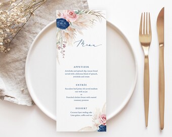 Navy pink Wedding Menu Template dark blue pink wedding Menu Printable Blush rose floral menu Editable winter Menu Instant Download Dinner