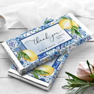 Blaue Fliese Schokoriegel Wrapper Vorlage Hochzeit Zitrone Aldi 40g Hershey 1.55oz danke Italien blaue Fliese Bevorzugung Geschenk Schokolade bearbeitbar