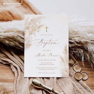 Modelo de convite de batismo de grama de pampas Boho Pampas convites de batismo para impressão Convite de batismo Cruz dourada cartão Boho editável