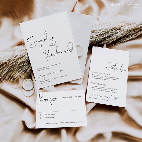 Elegant Simple Wedding Invitation Set Template Minimal Invitation Modern wedding invitation Black  White Elegant Wedding Invitation Collette