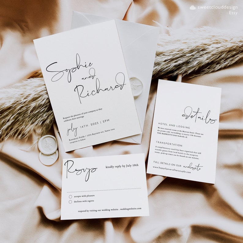 May include: A wedding invitation suite with a minimalist design. The invitation features the names "Sophie and Richard" in elegant script. The RSVP card includes the text "Royo" and a space for guests to indicate their response. The details card includes information about the hotel, transportation, and website for more details.