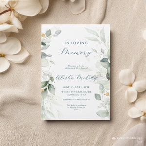 Fleur de verdure Invitation funéraire feuilles vertes Célébration funéraire de l’invitation de la vie modifiable Feuilles vertes carte funéraire feuille funéraire