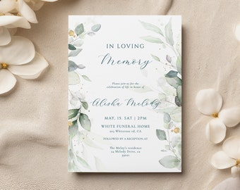 Greenery flower Funeral Invitation green leaves Funeral celebration of life invitation editable Green leaves funeral card leaf funeral