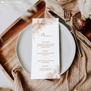 Modello di menu di nozze BOHO Erba di pampa Menu di nozze orchidea Menu stampabile di erba di pampa Menu boho modificabile Download istantaneo Menu boho per cena