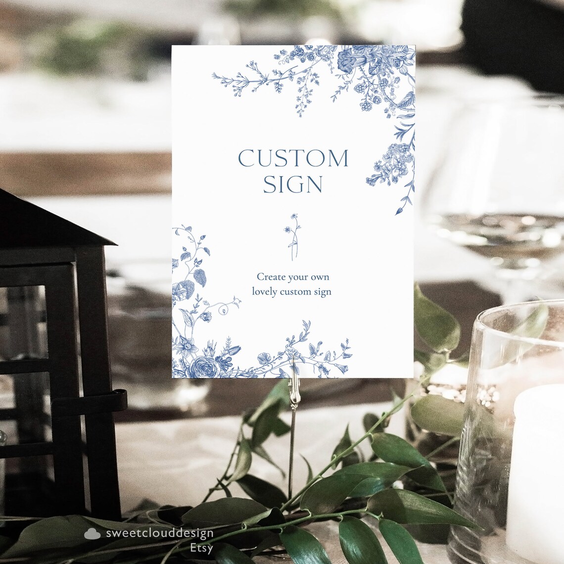 Custom Table Sign Template Dusty Blue Flower Custom Sign Steel Blue ...