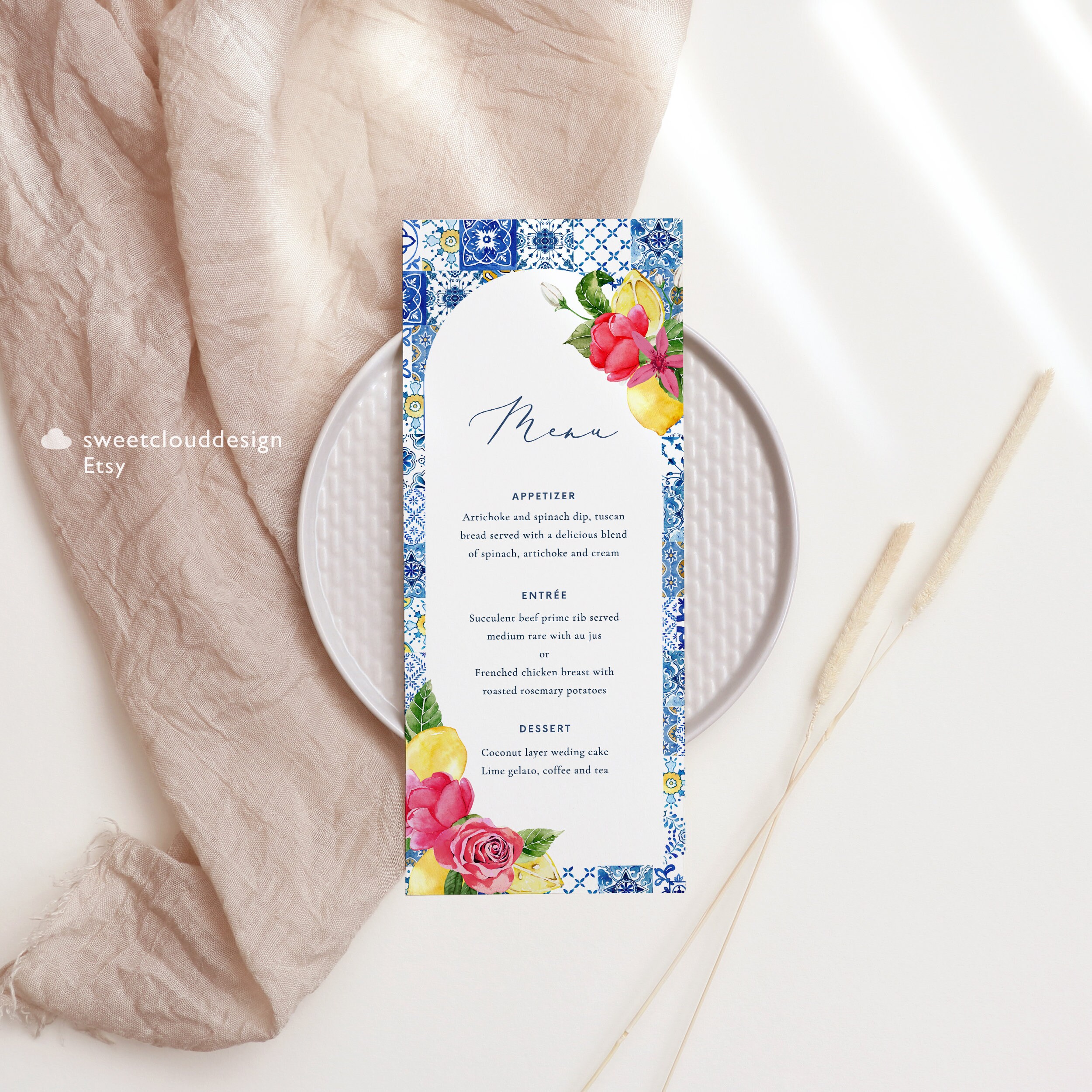 Lemon and Pink Rose Menu Template Blue Tile and Pink Floral Menu Bridal ...