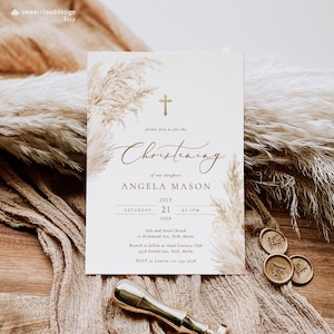 Modello di invito di battesimo di erba di pampa croce d'oro Boho Inviti di battesimo di pampa Invito di battesimo stampabile croce d'oro Boho