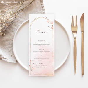 Plantilla de menú de bautismo de rubor Menú de despedida de soltera rosa dorado Menú de bautizo imprimible Menú de marco de oro editable Menú de cena rosa Peonía