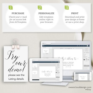Puede incluir: Una maqueta de una pantalla de ordenador, una tableta y un tel&eacute;fono que muestra un sitio web con una plantilla de invitaci&oacute;n de boda. El texto en la pantalla dice "Kindly deliver to" seguido de un nombre y una direcci&oacute;n. El texto en la pantalla del tel&eacute;fono dice "sweetclouddesign.com &hearts; Etsy".