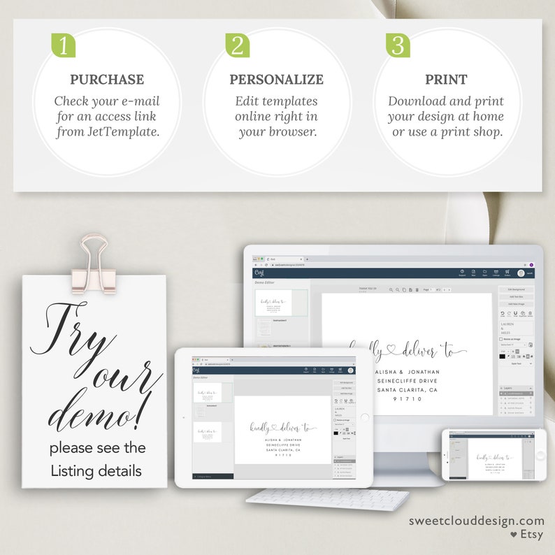 Puede incluir: Una maqueta de una pantalla de ordenador, una tableta y un tel&eacute;fono que muestra un sitio web con una plantilla de invitaci&oacute;n de boda. El texto en la pantalla dice "Kindly deliver to" seguido de un nombre y una direcci&oacute;n. El texto en la pantalla del tel&eacute;fono dice "sweetclouddesign.com &hearts; Etsy".