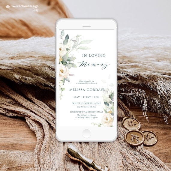 Greenery funeral digital Invitation Green leaves funeral  phone invite Template soft green white rose digital funeral  invite text invite