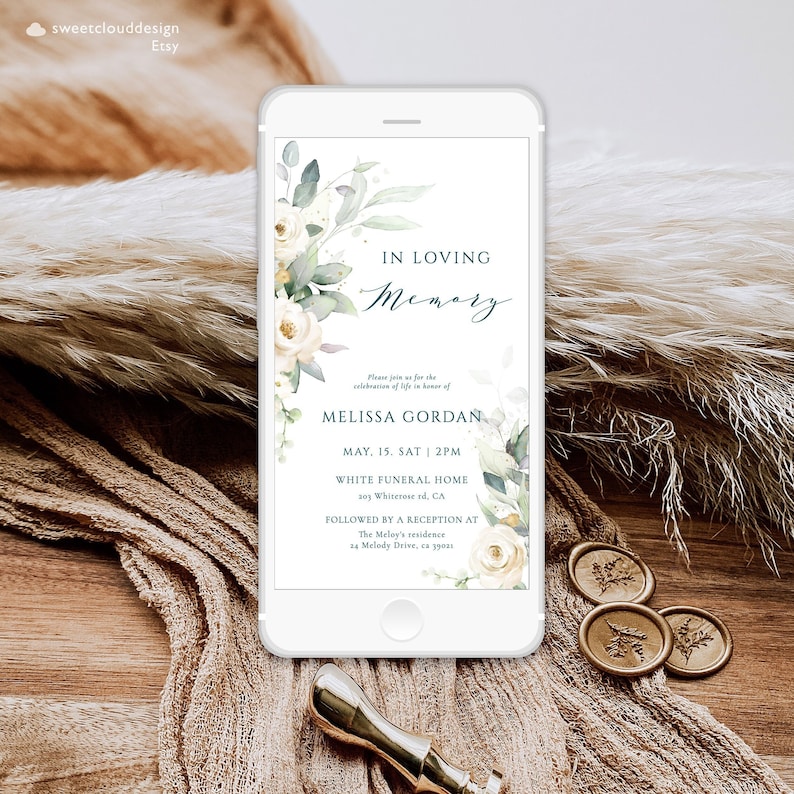 May include: A digital invitation with a floral design in shades of green and white. The text reads "In Loving Memory" and includes the details of a memorial service for Melissa Gordan. The service will be held on May 15th at 2 PM at the White Funeral Home, followed by a reception at the Meley's residence.