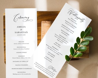 May include: A wedding ceremony program with the names Amelia and Sabastian and the date August 25th. The program lists the order of events for the ceremony, including the prelude, processional, readings, exchange of vows, and recessional. The second page lists the officiant, parents of the bride and groom, maid of honor, bridesmaids, best man, and groomsmen.