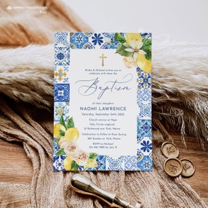 Mediterranean Lemon baptism Invitation template Positano Blue Tile baptism Invite Italian Blue Tile Christening Invite First Holy Communion